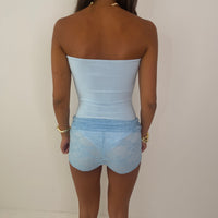Bella festival holiday bodysuit with buckle and lace shorts set woman’s outfit. BLUE