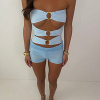 Bella festival holiday bodysuit with buckle and lace shorts set woman’s outfit. BLUE