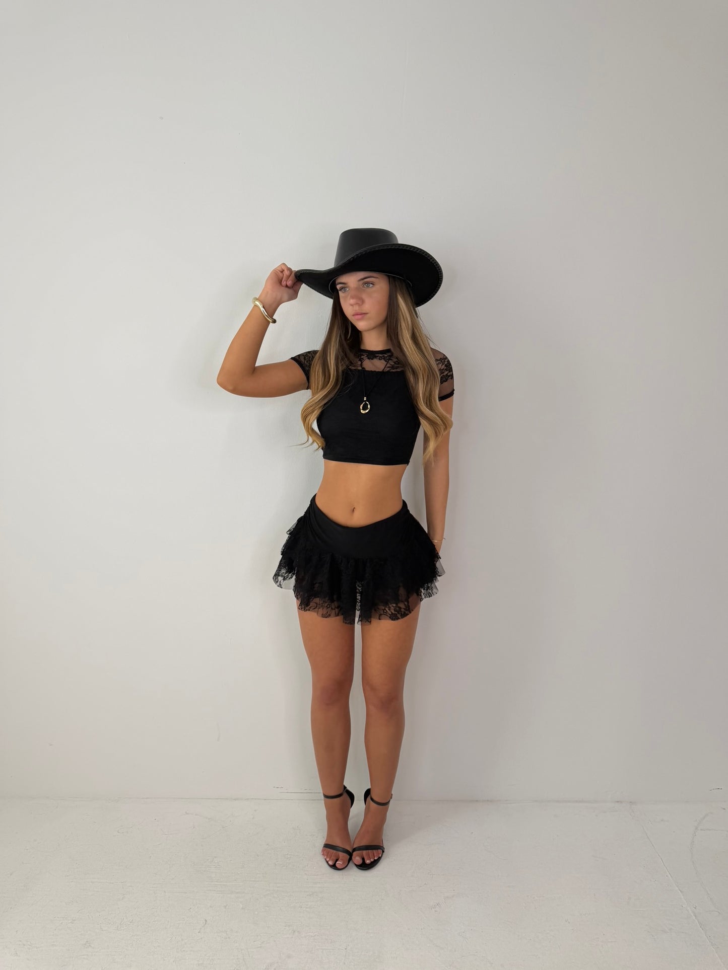 Kali lace layered skort with short sleeved crop top festival summer holiday outfit