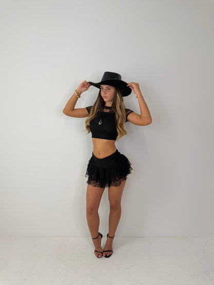 Kali lace layered skort with short sleeved crop top festival summer holiday outfit